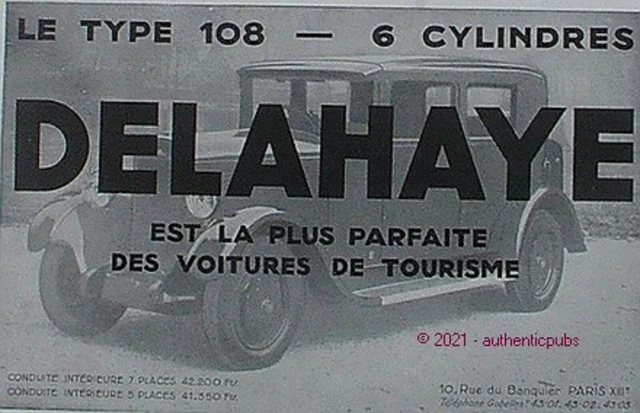 Publicite Delahaye Voiture De Tourisme Le Type 108 6 Cylindres De 1931 French Ad