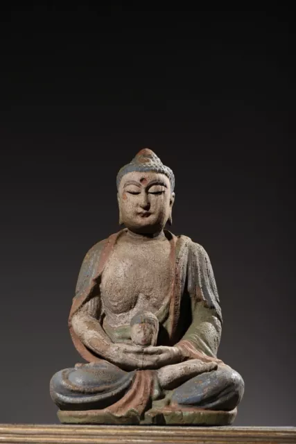 Old Chinese Wood Carved Sakyamuni Statue Painted Wooden Sculpture Home Decor Art