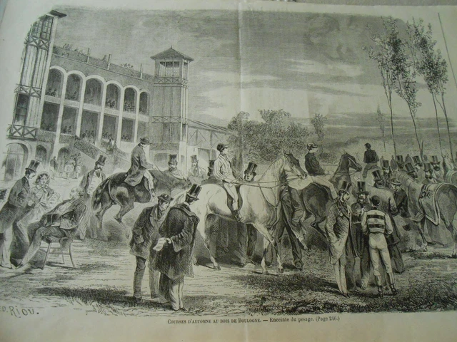 Gravure 1859 - Courses d'automne bois de boulogne enceinte du pesage