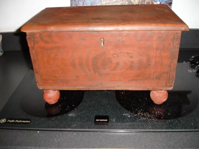 An Extremely Early, Paint Decorated, Dovetailed  Miniature Blanket Chest, Rare !