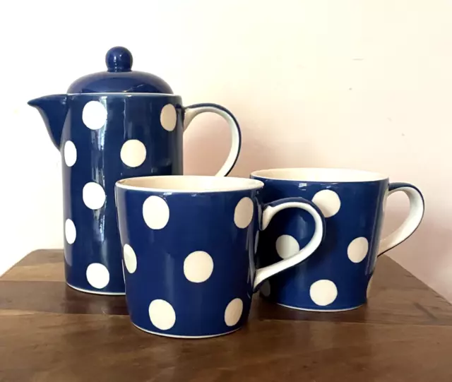 Whittard of Chelsea Florence Ceramic Coffee Pot/Teapot 2x Cup Set Blue Spotty