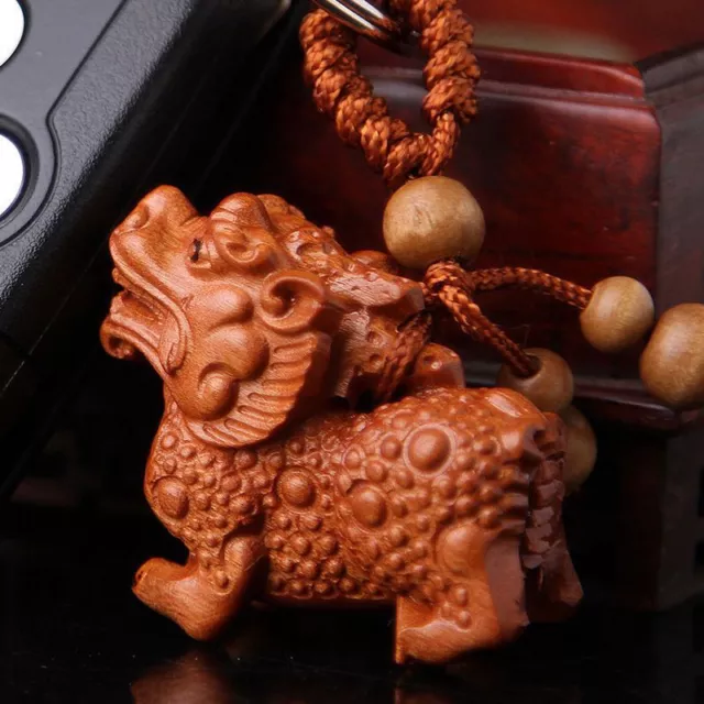 Wood 3D Carving Chinese Wealth Pixiu Pi Yao Statue Sculpture Pendant Key Chain