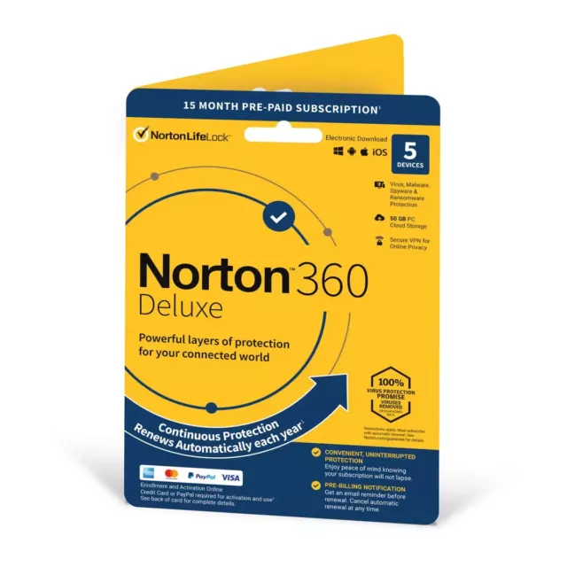 Norton 360 Deluxe 2022, software antivirus per 5 dispositivi e 15 mesi