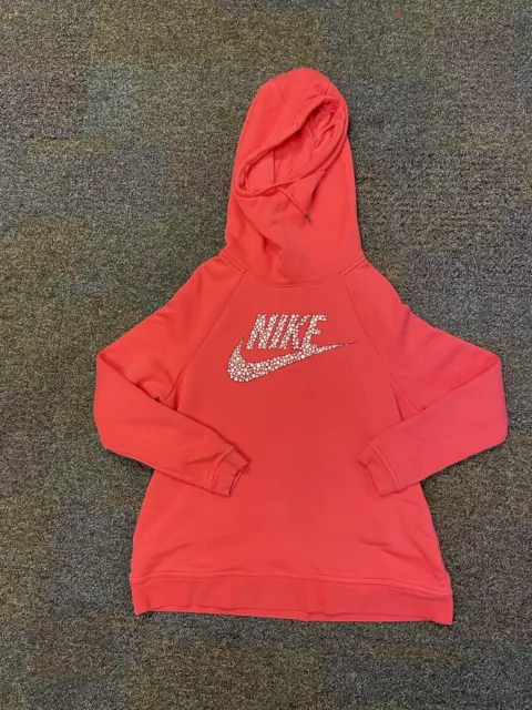 NIKE Rally Women’s Size L Pink Gold Spotted Swoosh Logo Funnel Neck Hoodie