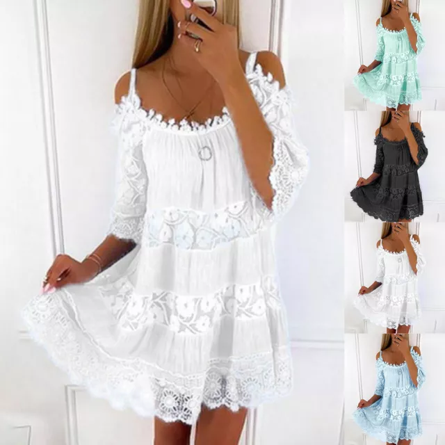 Womens Lace Cold Shoulder Mini Dress Summer Summer Ladies Casual Loose Sundress