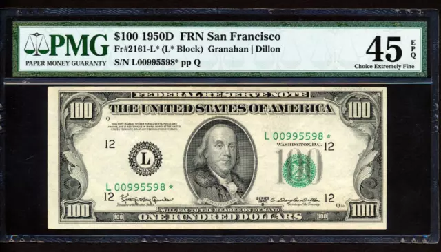 Fr.2161-L* 1950D $100 SAN FRANCISCO "STAR" OVERPRINT SHIFT ERROR PMG 45EPQ XF