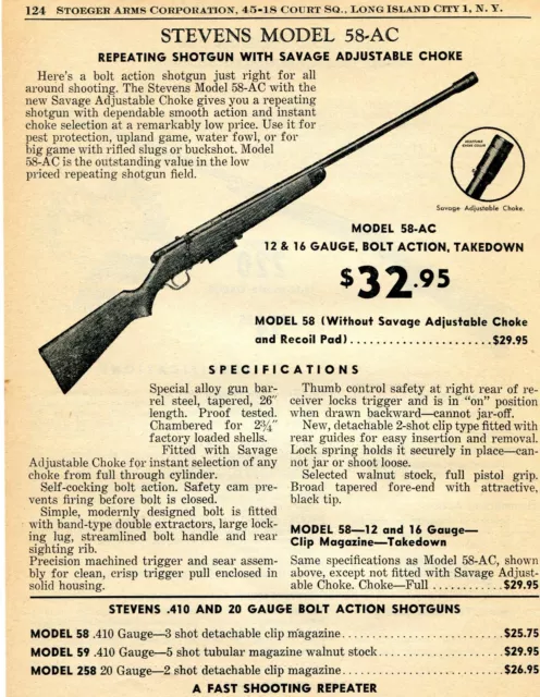 1954 Print Ad of Stevens Model 820-SC Super-Choke Pump Action Shotgun