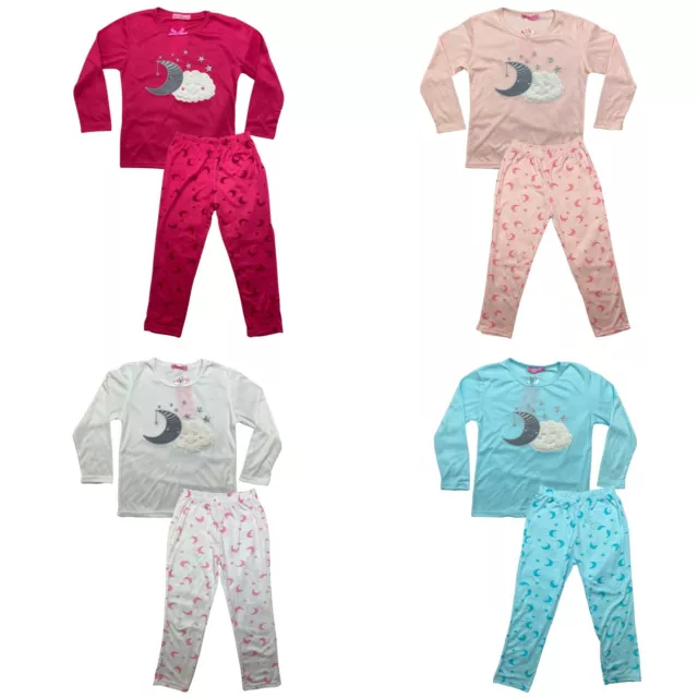 Girls Pyjamas Long Sleeve Top Bottom Kids Set Nightwear Jersey PJs Cotton Moon