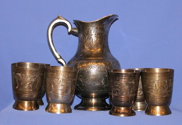 Vintage Silver Plated Floral Engraved Set 6 Mugs Goblets & Pitcher