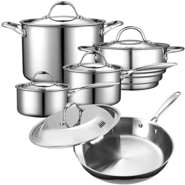 Cooks Standard Pot + Pan Set 10-Pcs Stainless Steel Dishwasher Safe Cookware
