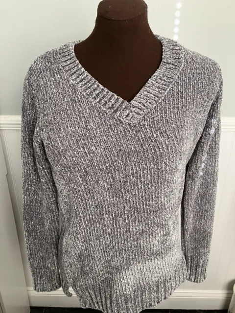 Orvis Sweater Womens Small Grey Chenille Soft Cozy Knit V-neck Pullover