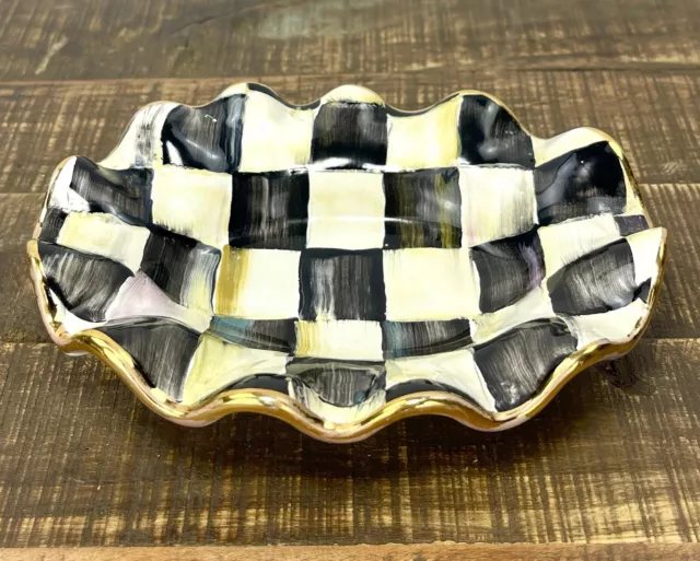 RARE MacKenzie Childs Courtly Check Fluted Ceramic Soap Trinket Dish Black White