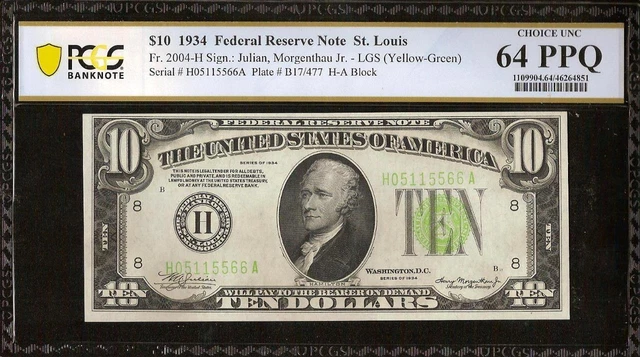 1934 $10 Bill Light Yellow Green Seal Federal Reserve Note Money Pcgs 64 Ppq 4