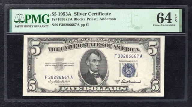 Fr. 1656 1953-A $5 Silver Certificate Currency Note Pmg Uncirculated-64Epq
