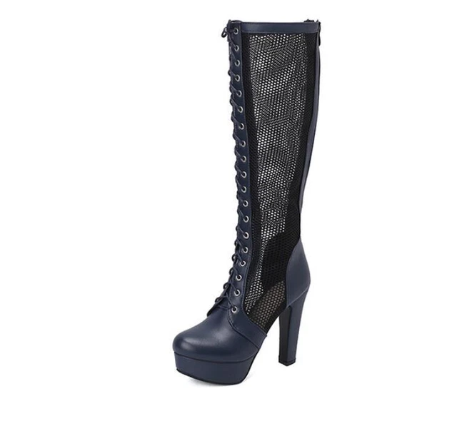 Women's Zipper Splicing Knee High Boots Shoes Lace Up Round Toe 12cm High Heel
