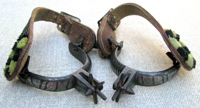 Rare Antique Hand Forged Double Silver Inlaid & Engraved Fancy Straps Kid Spurs 2