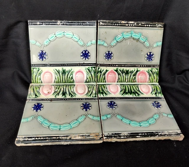 Vintage Garland Design Embossed Nouveau Architecture Furniture Tiles Japan 4Pcs 3