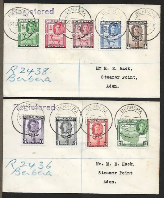 Somaliland Berbera To Aden Two Regd Kgvi Set To 1R Covers 1943