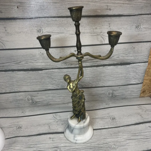 Antique Vintage Brass and Marble woman holding Candlestick Candle Stick Holder