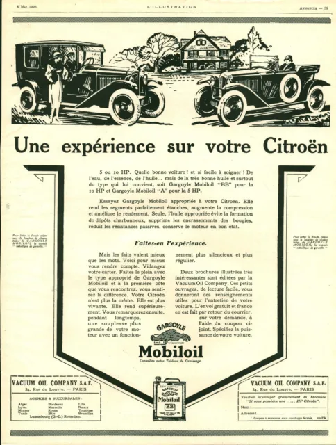 Publicité ancienne voiture Citroën Mobiloil 1926 issue de magazine