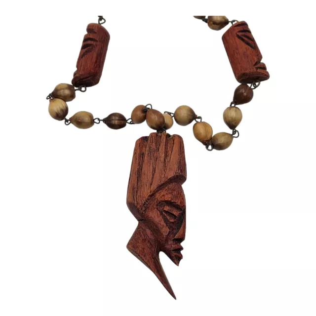 African Hand-Carved Wooden Tribal Mask Necklace Island Vintage