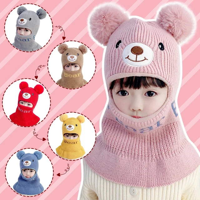 Kids Boys Girls Hooded Scarf Caps Fur Ear Hat Winter Warm Knitted Flap Scarf Cap