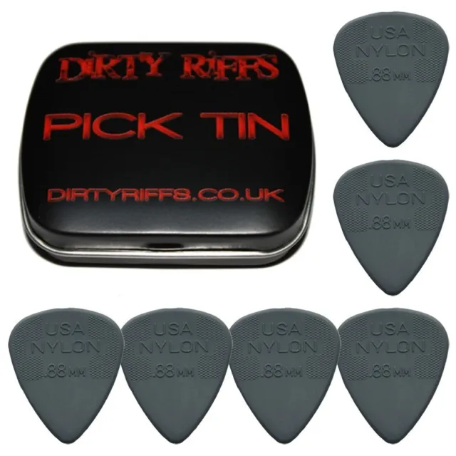 6 x Dunlop Nylon Standard 0.88mm Dark Grey Guitar Picks In A Handy Pick Tin