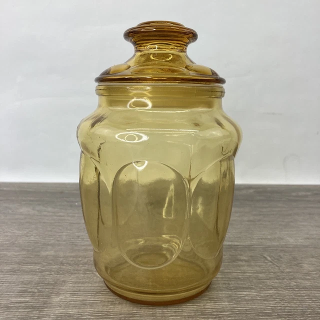 VINTAGE 7& AMBER Glass Canister Bubble Round Honey Jar With Lid MCM 14