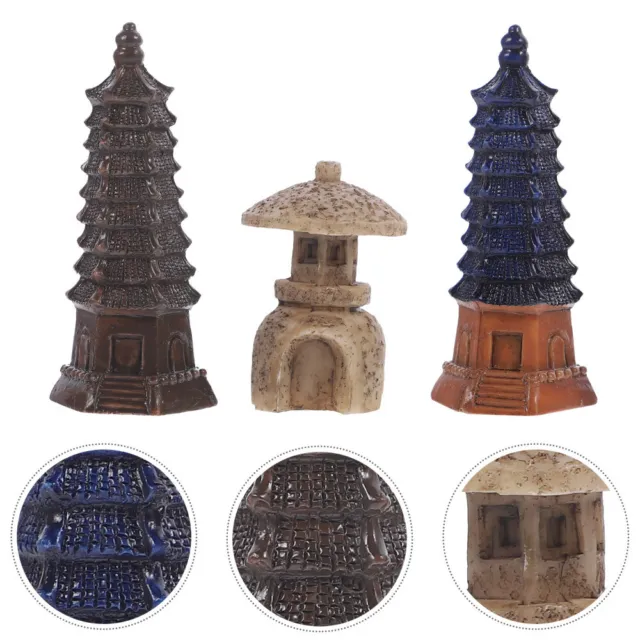 3pcs Mini Pavilion Statue Resin Pavilion Bonsai Micro Landscape Pagoda