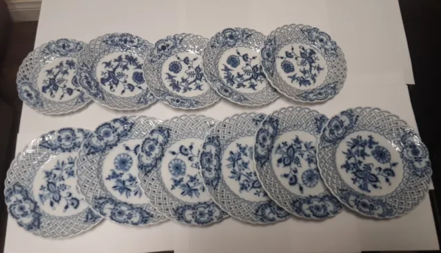 Antique Teichert Meissen Blue Onion Reticulated Plates 6" and  7" diam/11 PLATES