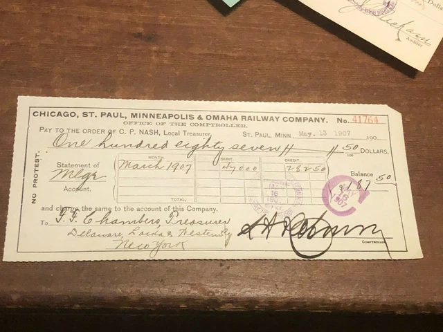 1907 St Paul MN Railroad Bank Check Chicago St. Paul Minneapolis & Omaha Railway