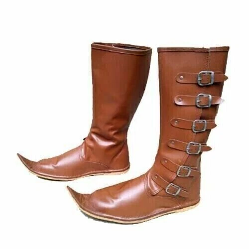 Bottes Médiévales En Cuir Renaissance Chaussures Viking Homme Marron...