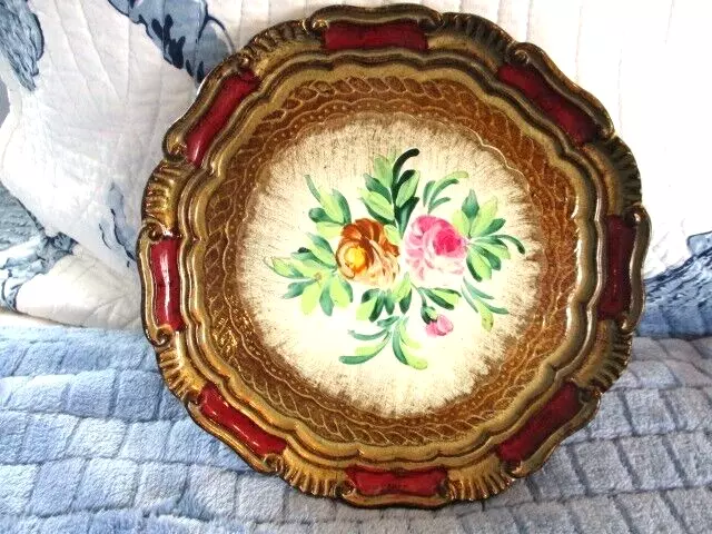 Red & Gold Trim Vintage Italian Florentine Hand Painted Tole Wood Tray Plate