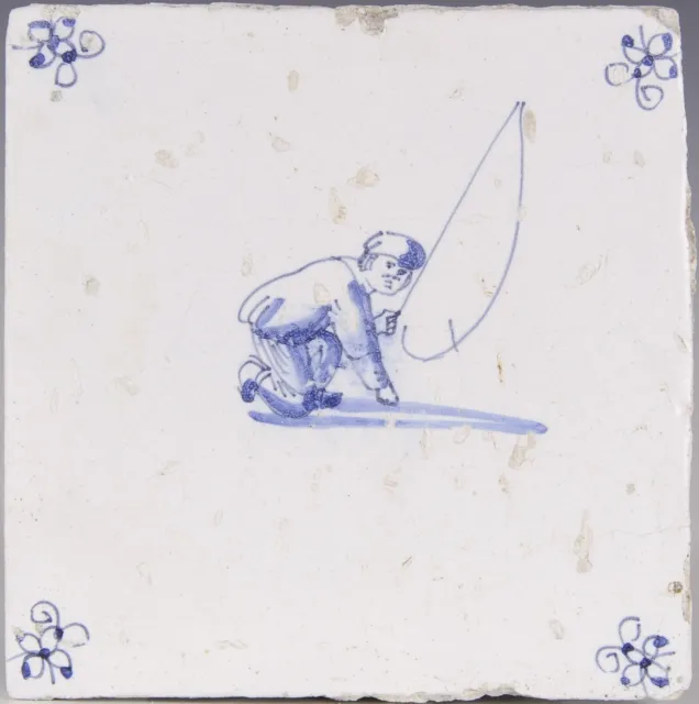 Nice Dutch Delft Blue tile, child play: toll player, late 17th ct, ca. 1680.