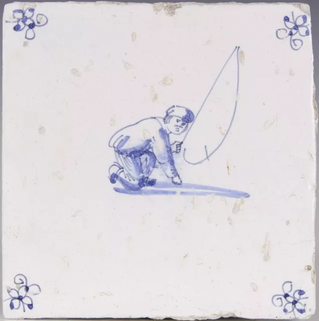 Nice Dutch Delft Blue tile, child play: toll player, late 17th ct, ca. 1680.