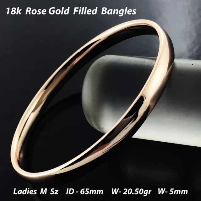 5mm Bangle Real 18k Rose  Gold Filled Solid Cuff Bracelet Ladies Medium Sz 65mm