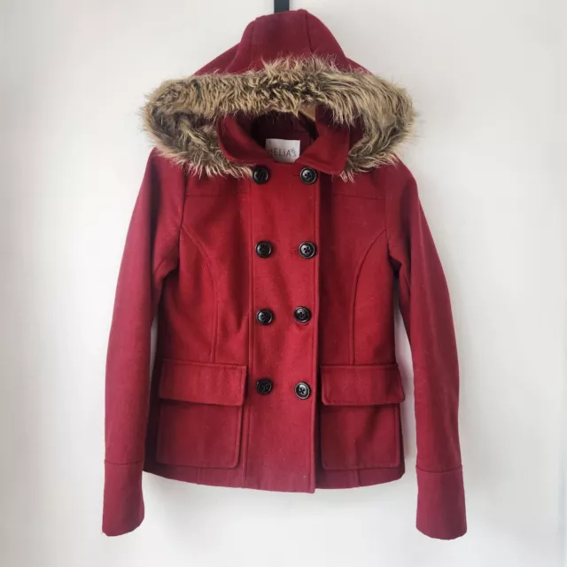DELIA'S Y2K RED Hooded Winter Coat Short Pea Coat Faux Fur Trim Women's ...