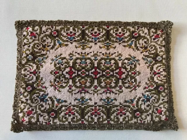 Antique vintage european french knot tapestry needlepoint doilie metallic lace