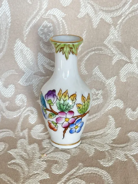 Herend Hungary 3”  Butterfly Colorful Floral Miniature  Vase Gold Rim Vintage