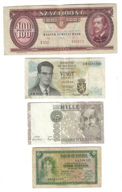 Billetes mundiales 100 forintos 1992, 20 francos 1964, 1000 liras 1982, 5 pesetas 1935