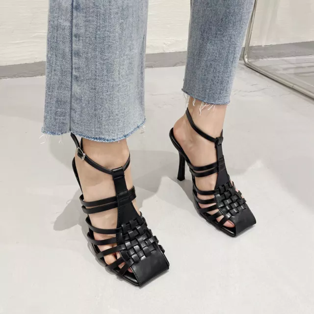Womens Braided Hollow Out Shoes Office High Heels Closed Toe Slingbacks Sandals