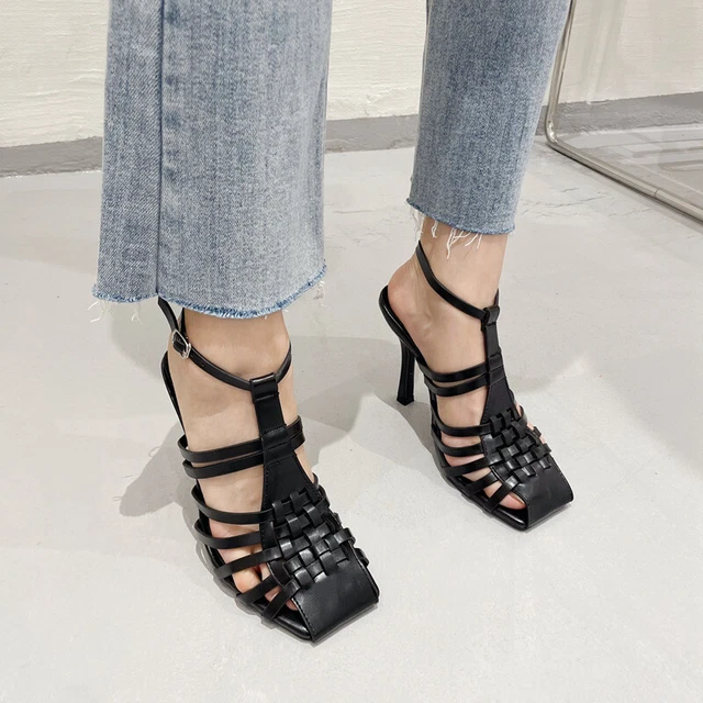 Womens High Heels Closed Toe Braided Hollow Out Shoes Office Slingbacks Sandals