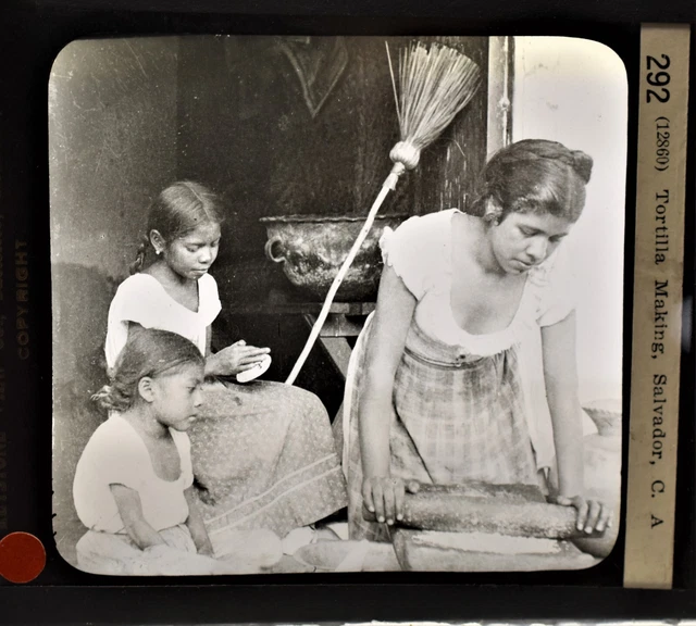 12-292  Magic Lantern Glass Slide Photo Tortilla Making Salvador California