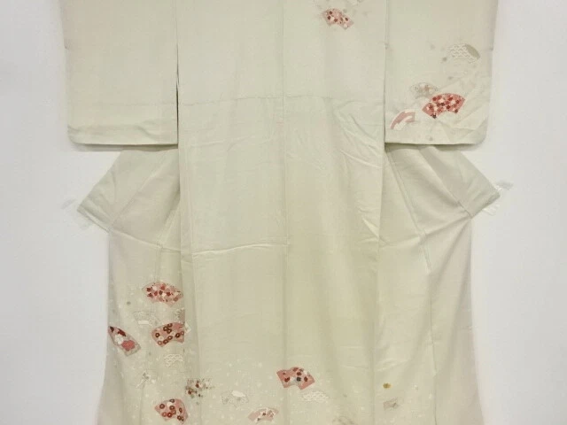 39289# Japanese Kimono / Antique Kimono / Embroidery / Folding Fan With Flower