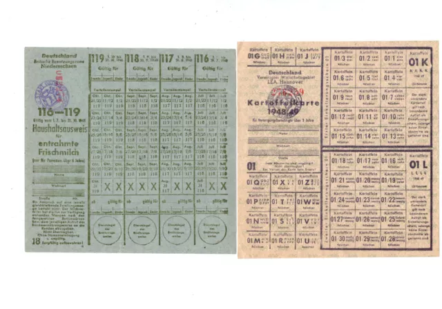 2x Lebensmittelkarten Osterholz 1948 - Milch + Kartoffeln - Britische Zone