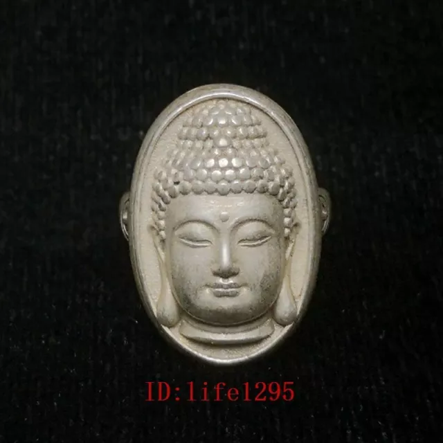 Old Chinese Tibet Silver Carving Buddha Buddha Head Statue Ring Gift Collection