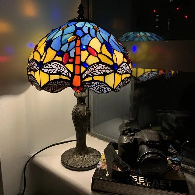 Tiffany Dragonfly Style Table Lamp Handmade 10 inch Stained Glass Multicolored