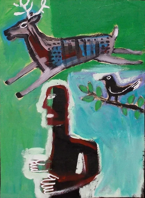 RUNNING IN THE WILD Raw Folk Art Brut Painting Outsider T Marie Nolan Original