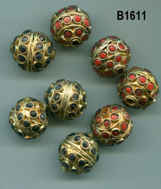 Vintage Nepal Gold Handmade Bead inlaid with Glass Coral or Black Jewels B1611