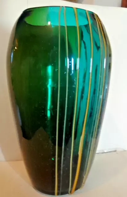 Large And Handmade Vintage Emerald Art Glass Vase With Raised Amber Stripes